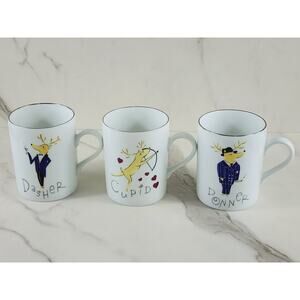 Christmas Pottery Barn Reindeer Coffee Mug Teacup 12oz Dasher Cupid Donner 4" x3